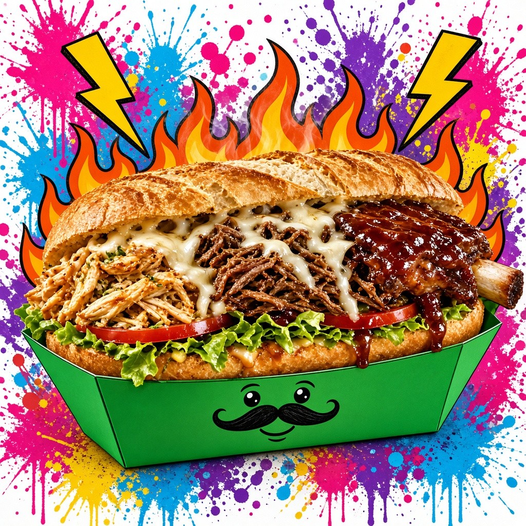 Sándwich Tridente Pollo, Carne y Costilla