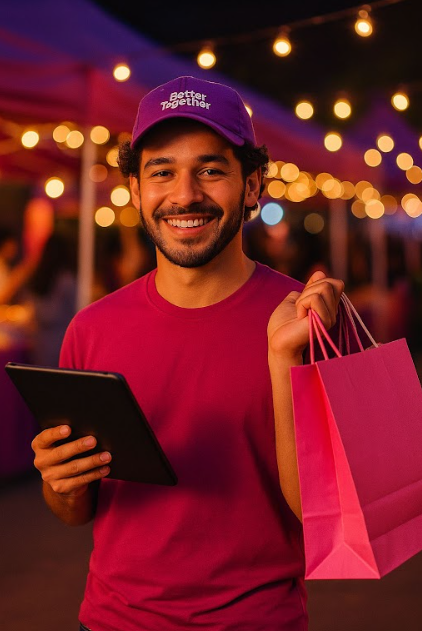 persona con bolsa y tablet
